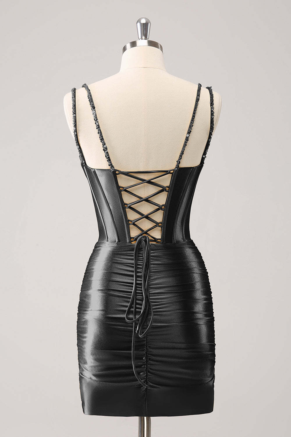 Sparkly Black Spaghetti Straps Tight Corset Homecoming Dress with Sequins
