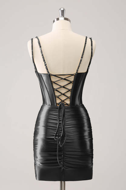 Sparkly Black Spaghetti Straps Tight Corset Homecoming Dress with Sequins