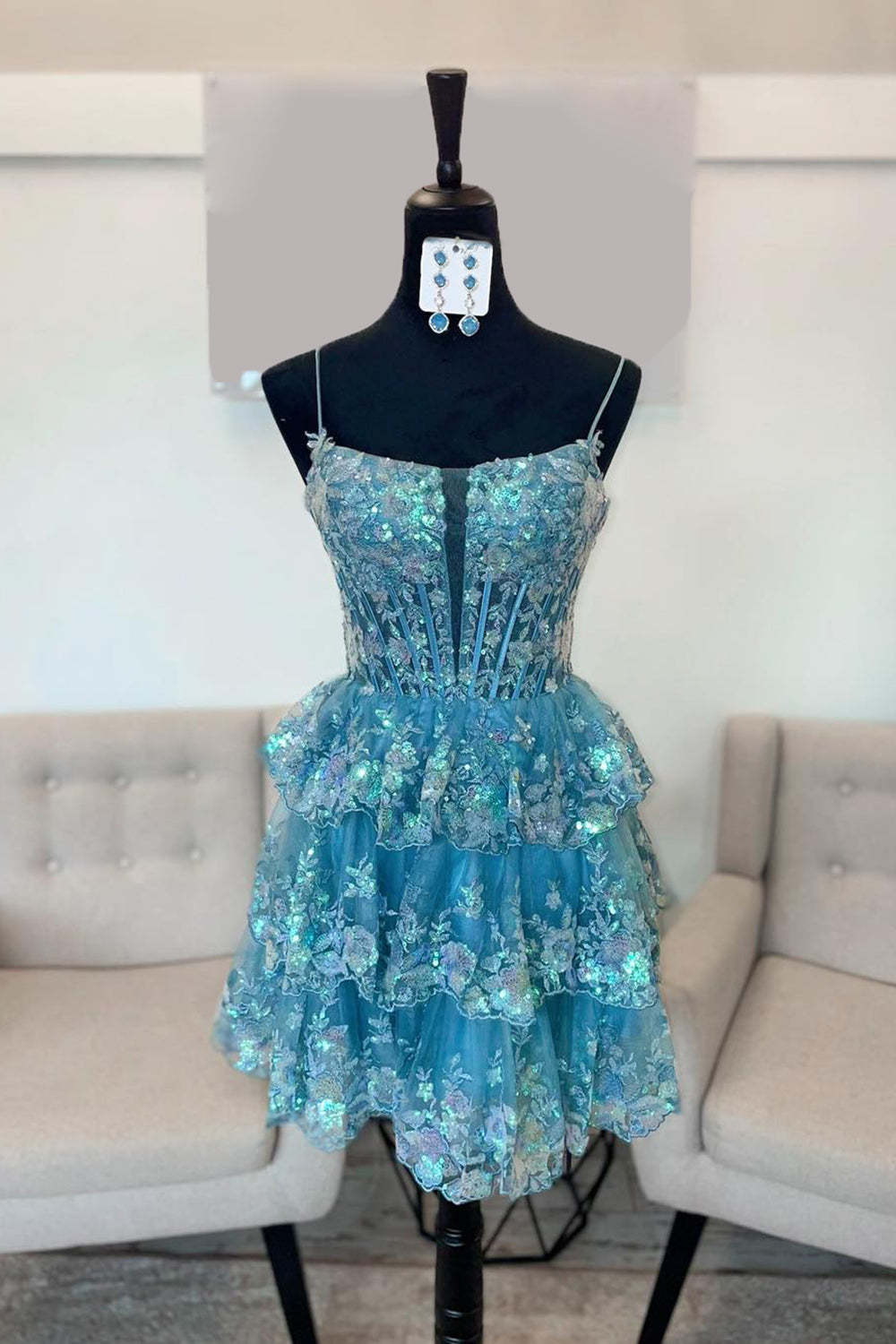 Sparkly Blue A Line Corset Tiered Short Homecoming Dress