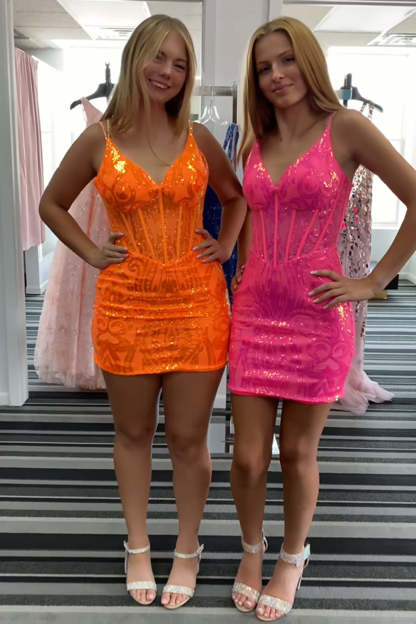Sparkly Corset Orange Tight Short Homecoming Dress