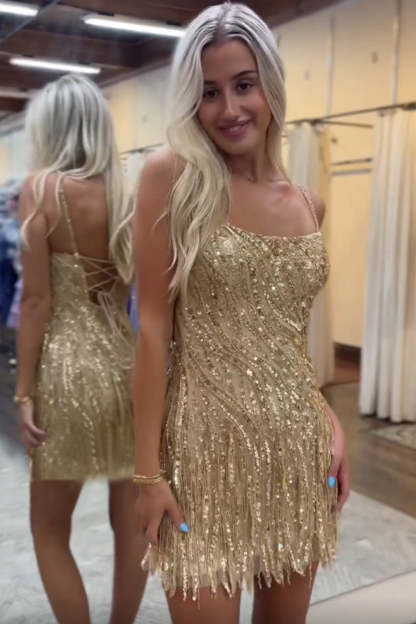 Sparkly Gold Spaghetti Straps Beaded Fringed Tight Short Hoco Dress