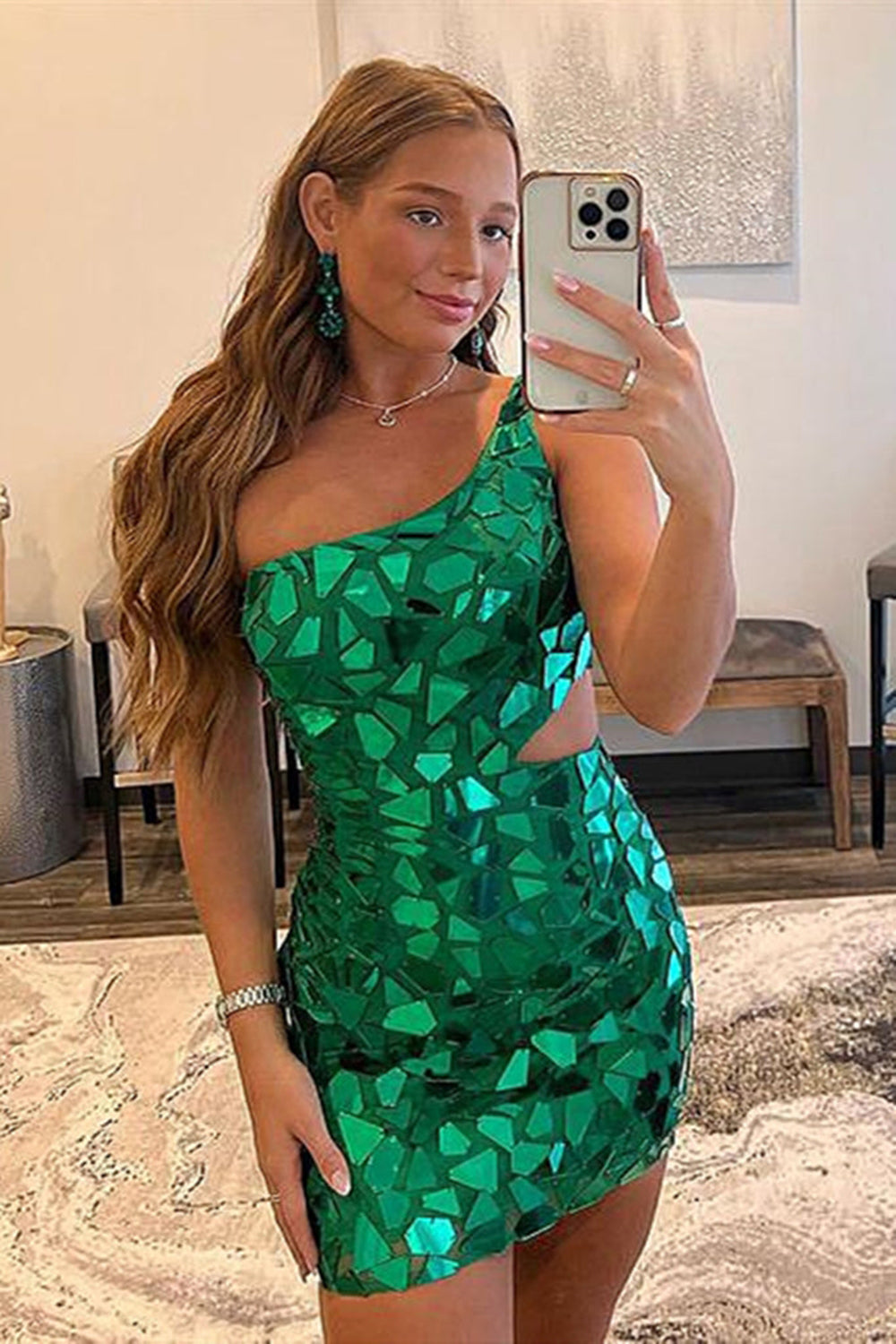 Sparkly Green One Shoulder Mirror Tight Short Homecoming Dress with Sequins