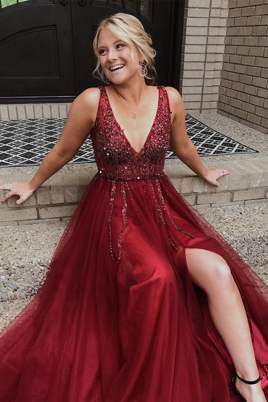 Sparkly Pink Long Prom Dress with Beaded Top