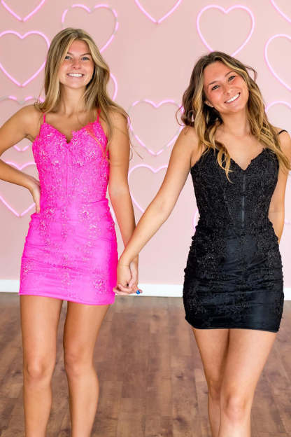Sparkly Spaghetti Straps Fuchsia Tight Short Homecoming Dress with Lace