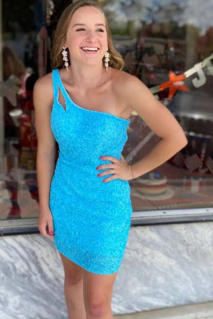 Orange Open Back One Shoulder Sequins Tight Homecoming Dress