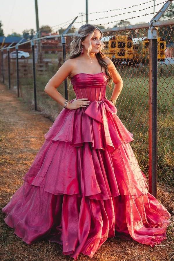Strapless A-Line Ruffle Prom Dress with Bow