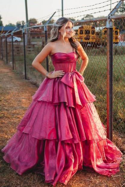 Strapless A-Line Ruffle Prom Dress with Bow