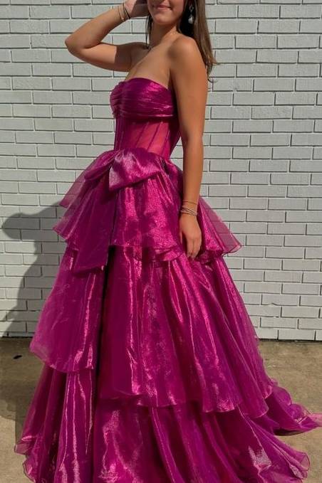 Strapless A-Line Ruffle Prom Dress with Bow