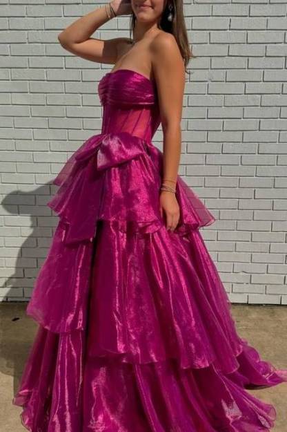 Strapless A-Line Ruffle Prom Dress with Bow