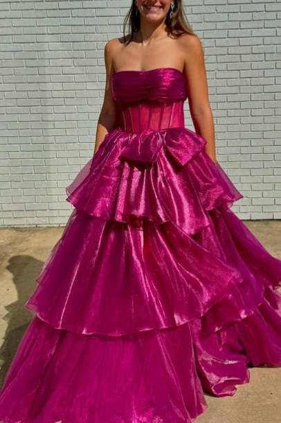 Strapless A-Line Ruffle Prom Dress with Bow