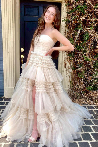 Strapless Fuchsia Pleated Tiered Tulle Prom Dress with Slit
