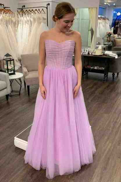 Strapless Lilac Pleated Top Tulle Long Prom Dress