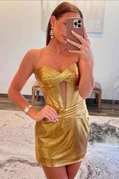 Strapless Metallic Royal Blue Keyhole Ruched Tight Homecoming Dress