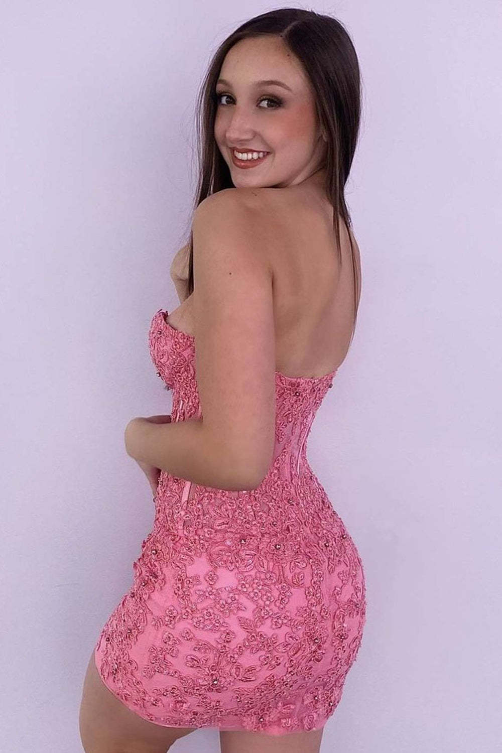 Strapless Pink Corset Tight Homecoming Dress with Appliques