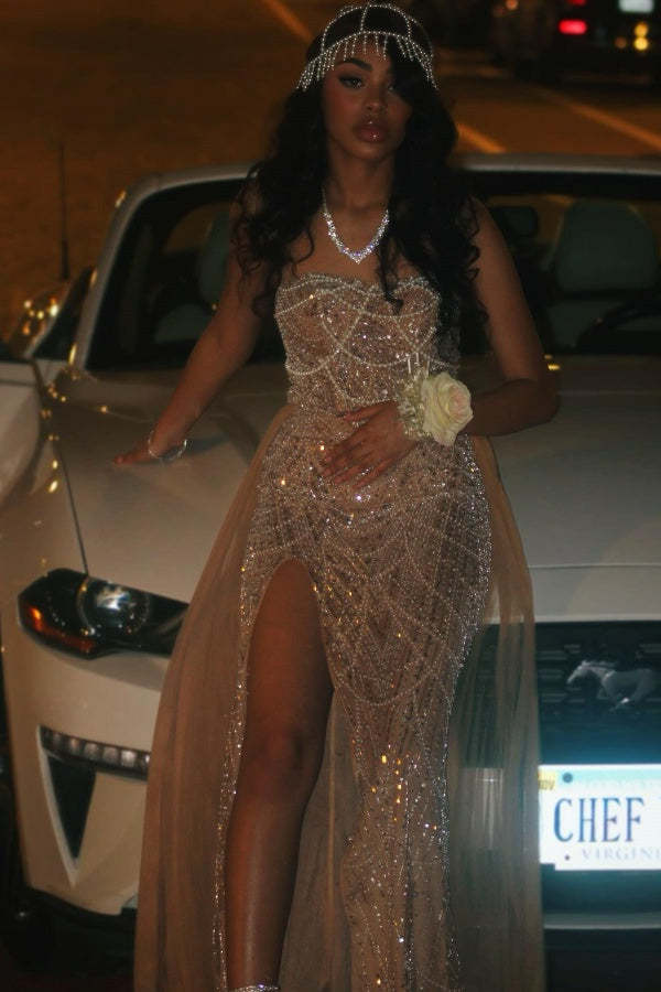 Strapless Sleeveless Sequined Long Mermaid Formal Prom Dresses with Slit