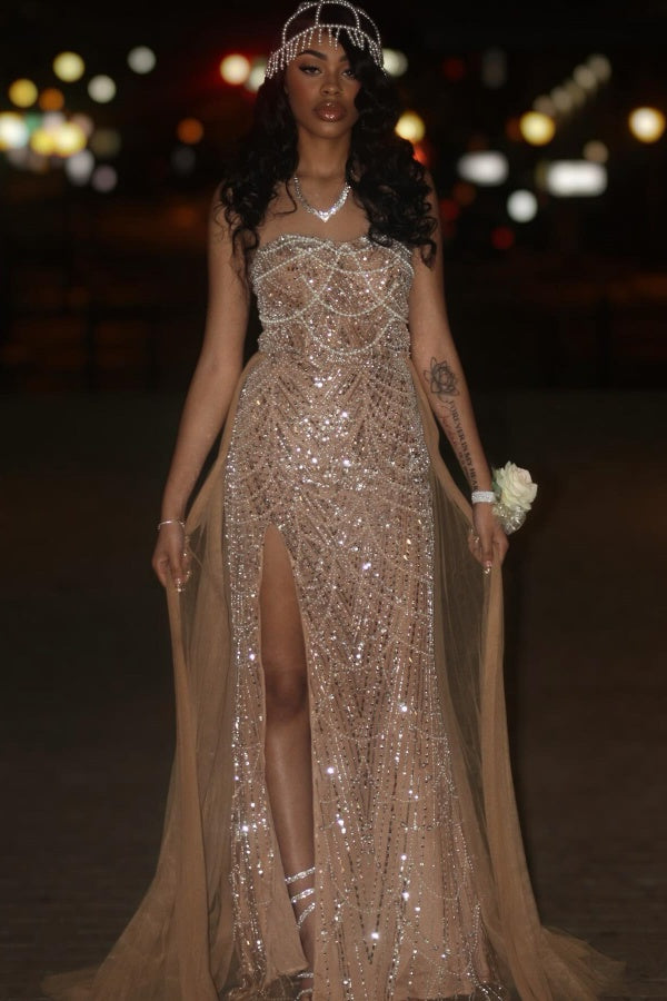 Strapless Sleeveless Sequined Long Mermaid Formal Prom Dresses with Slit
