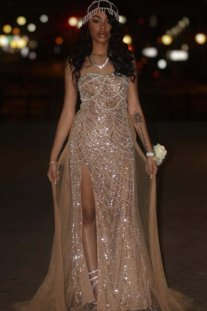 Strapless Sleeveless Sequined Long Mermaid Formal Prom Dresses with Slit