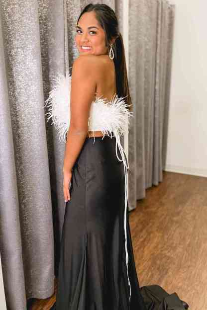 Strapless White Feathers Separated Long Prom Dress with Lace-Up Back