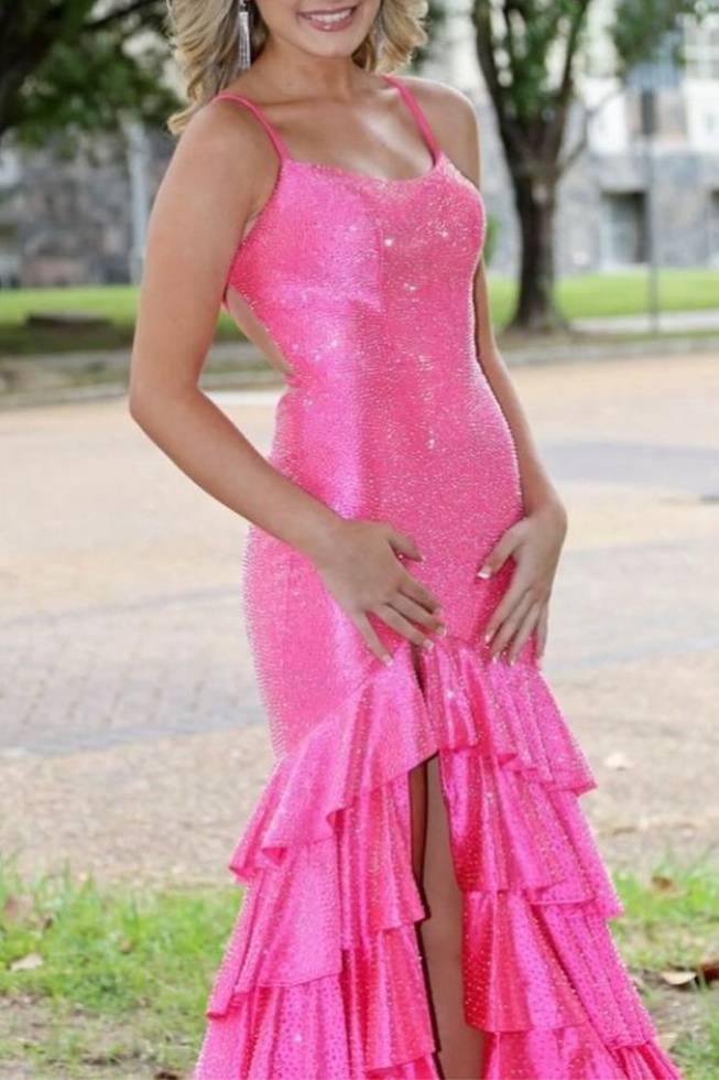 Straps Beaded Ruffle Mermaid Prom Dress with Lace-up Back
