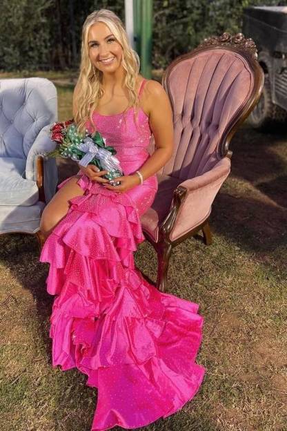 Straps Beaded Ruffle Mermaid Prom Dress with Lace-up Back