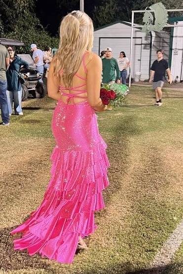 Straps Beaded Ruffle Mermaid Prom Dress with Lace-up Back