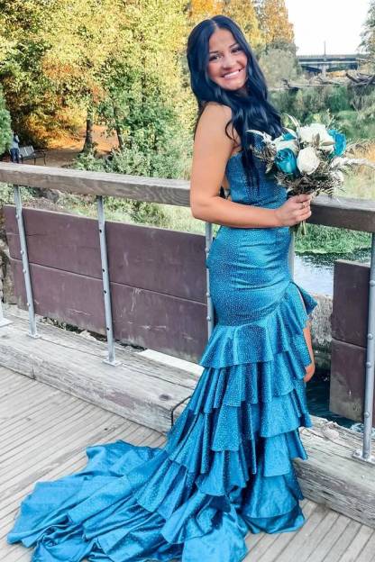 Straps Beaded Ruffle Mermaid Prom Dress with Lace-up Back