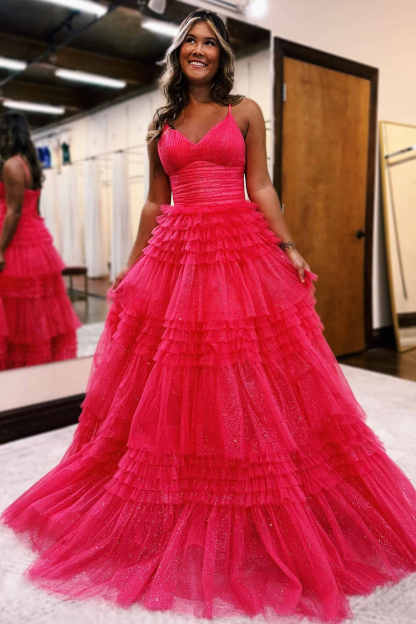 Straps Black V-Neck Pleated Tiered Long Prom Dress