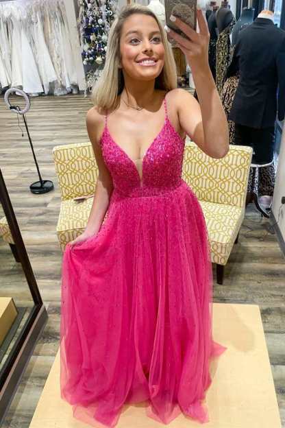 Straps Neon Pink Beaded A-Line Long Formal Dress