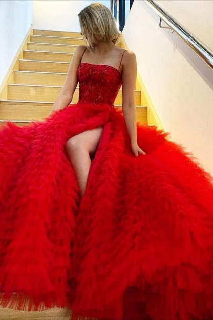 Straps Red Sequin Appliques Layered Tulle Ball Gown
