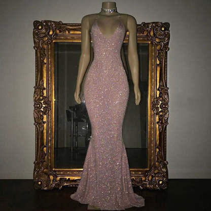 Stunning Long Halter Spaghetti Straps Sequined Mermaid Prom Dress-Yesbabyonline