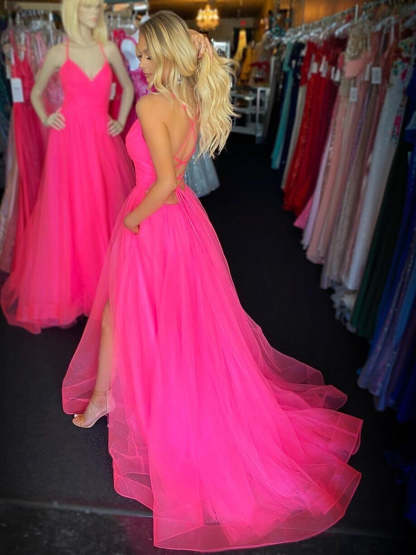 Stylish A-line V Neck Backless Tulle Long Prom Dresses with Leg Slit-Yesbabyonline