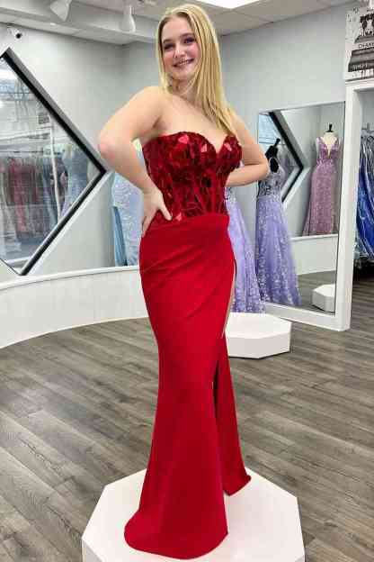 Sweetheart Blue Cut Mirror Sequins Long Prom Dress with Slit