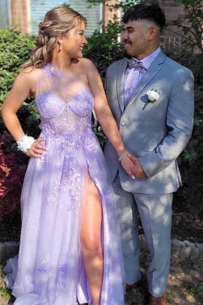 Sweetheart One Shoulder Pink Prom Dress with Flowers