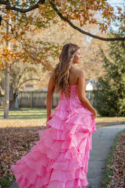 Sweetheart Red Corset Chiffon Ruffle Long Prom Dress
