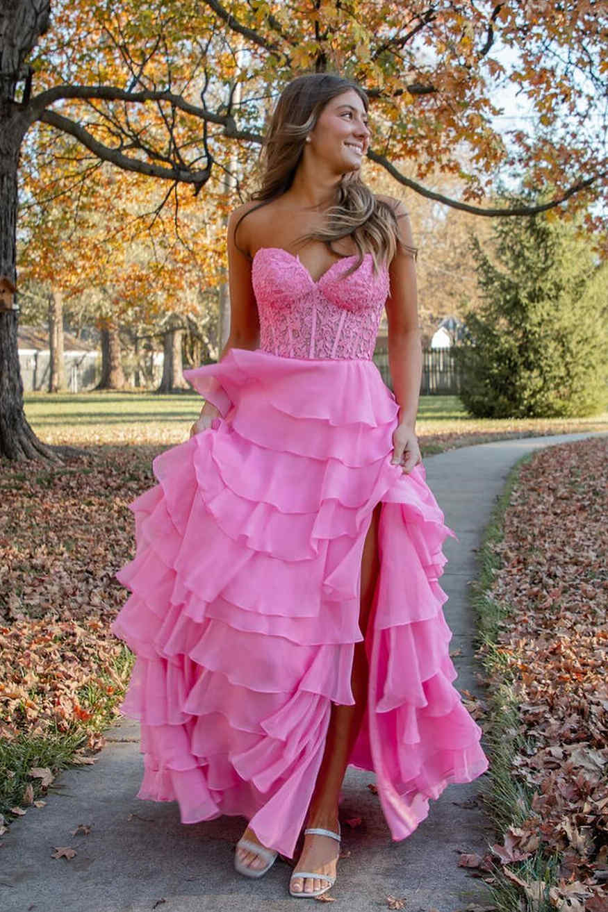 Sweetheart Red Corset Chiffon Ruffle Long Prom Dress