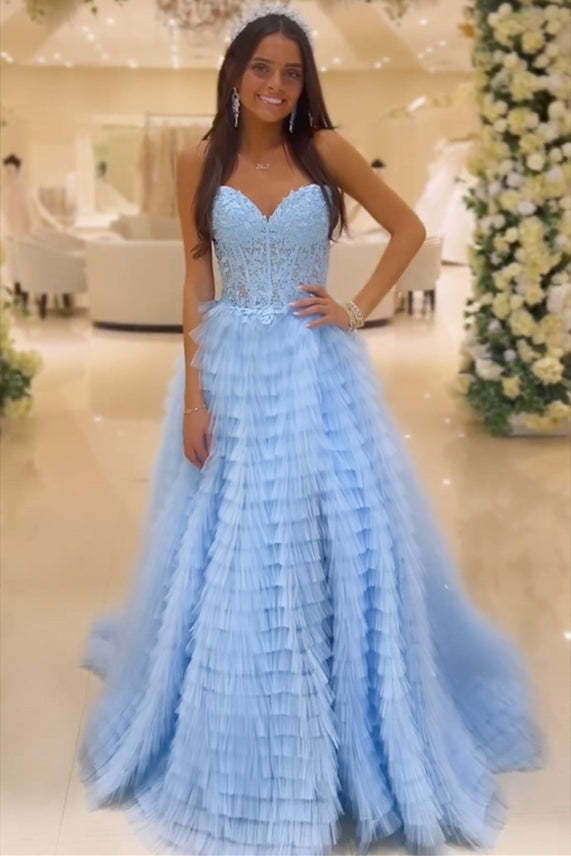 Sweetheart Yellow Lace Corset Tiered Tulle Prom Dress