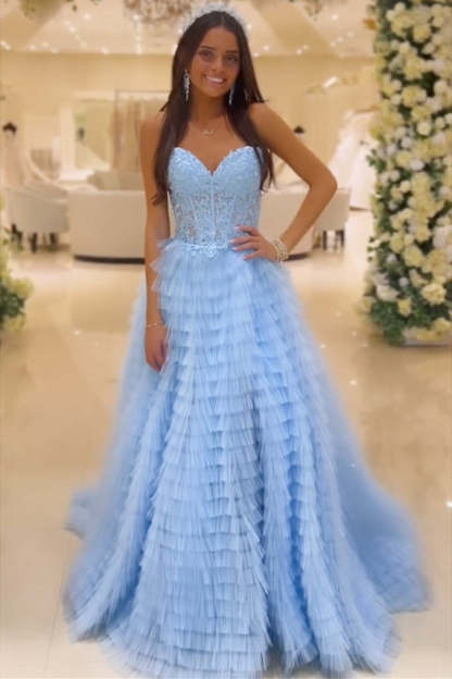 Sweetheart Yellow Lace Corset Tiered Tulle Prom Dress