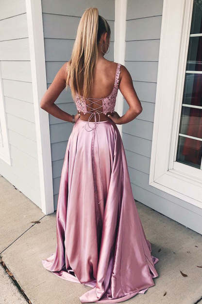 Two Piece Long A-Line Square Neckline Front Slit Prom Dress With Pockets - YESBABYONLINE