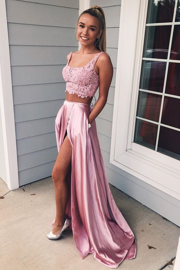 Two Piece Long A-Line Square Neckline Front Slit Prom Dress With Pockets - YESBABYONLINE