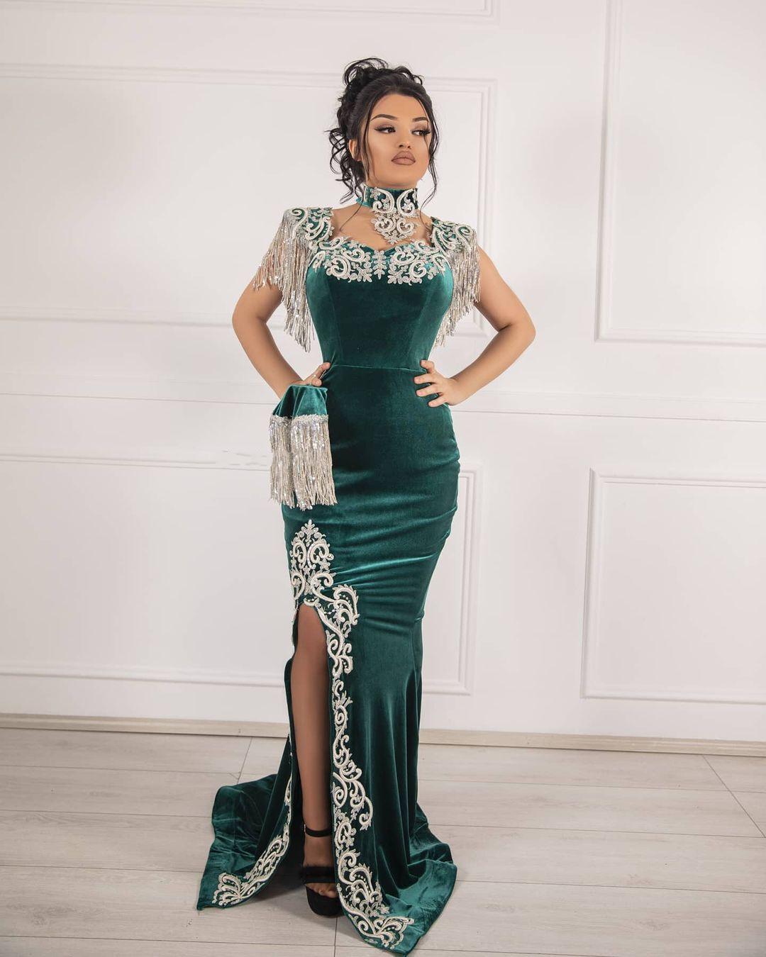 Unique Green Long Mermaid Velvet Prom Dresses with Slit-Yesbabyonline