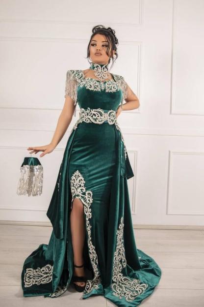 Unique Green Long Mermaid Velvet Prom Dresses with Slit-Yesbabyonline
