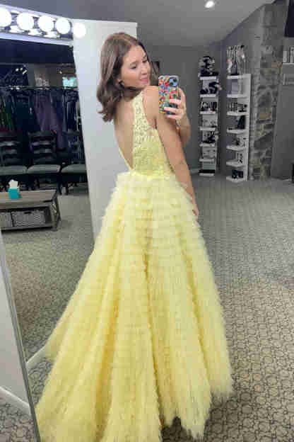 V-Neck Lavender Appliques Layered Prom Dress with Slit