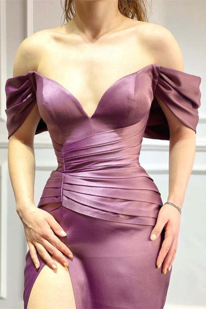 Vintage Purple Off-The-Shoulder V-Neck Mermaid Prom Dress with Split