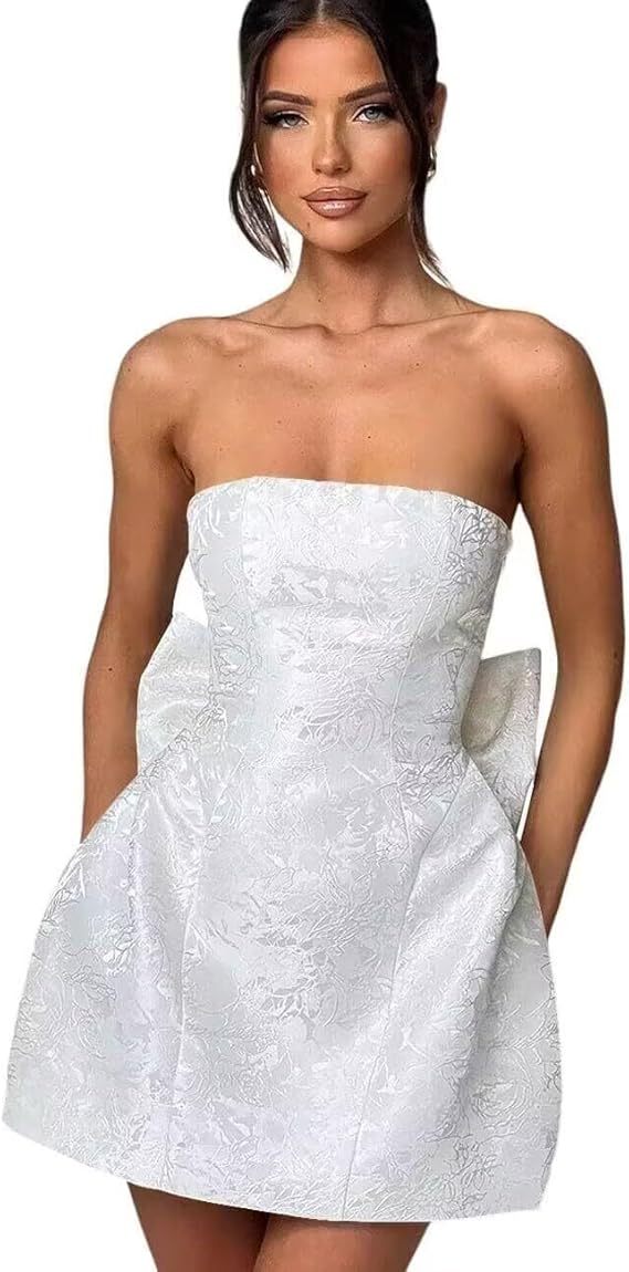 Strapless Short Ball Gown Sleeveless Lace up Jacquard Satin Homecoming Dress with Bow - YESBABYONLINE