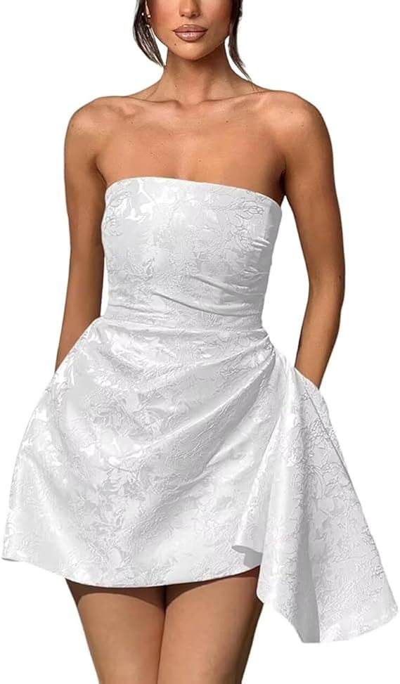 A-line Strapless Jacquard Satin Asymmetrical Lace up Sleeveless Short Homecoming Dress - YESBABYONLINE