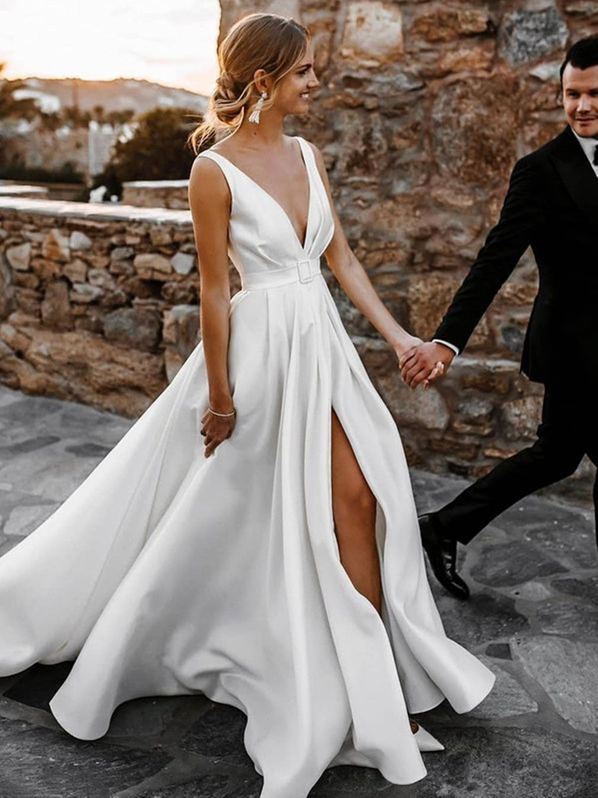 White Long A-line V-neck Satin Backless Wedding Dresses with Slit - YESBABYONLINE