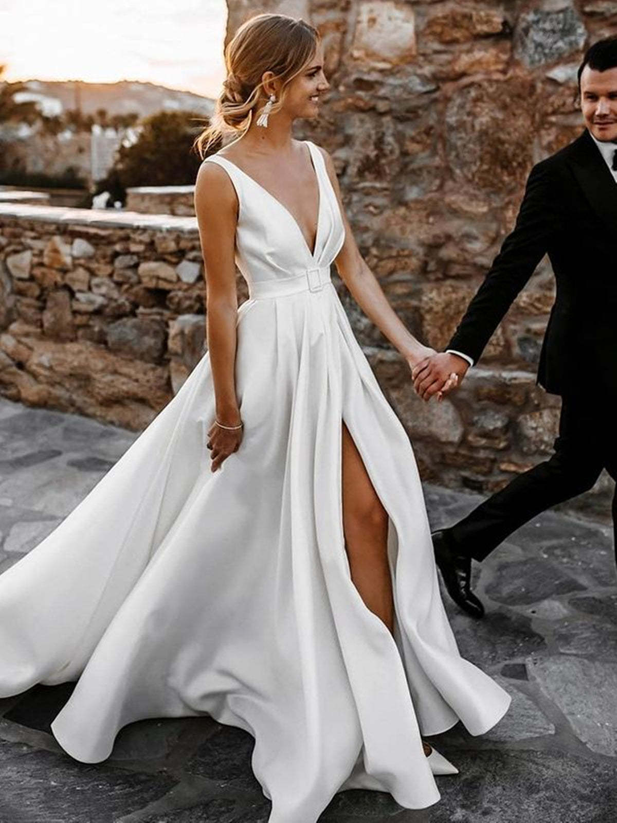 White Long A-line V-neck Satin Backless Wedding Dresses with Slit - YESBABYONLINE