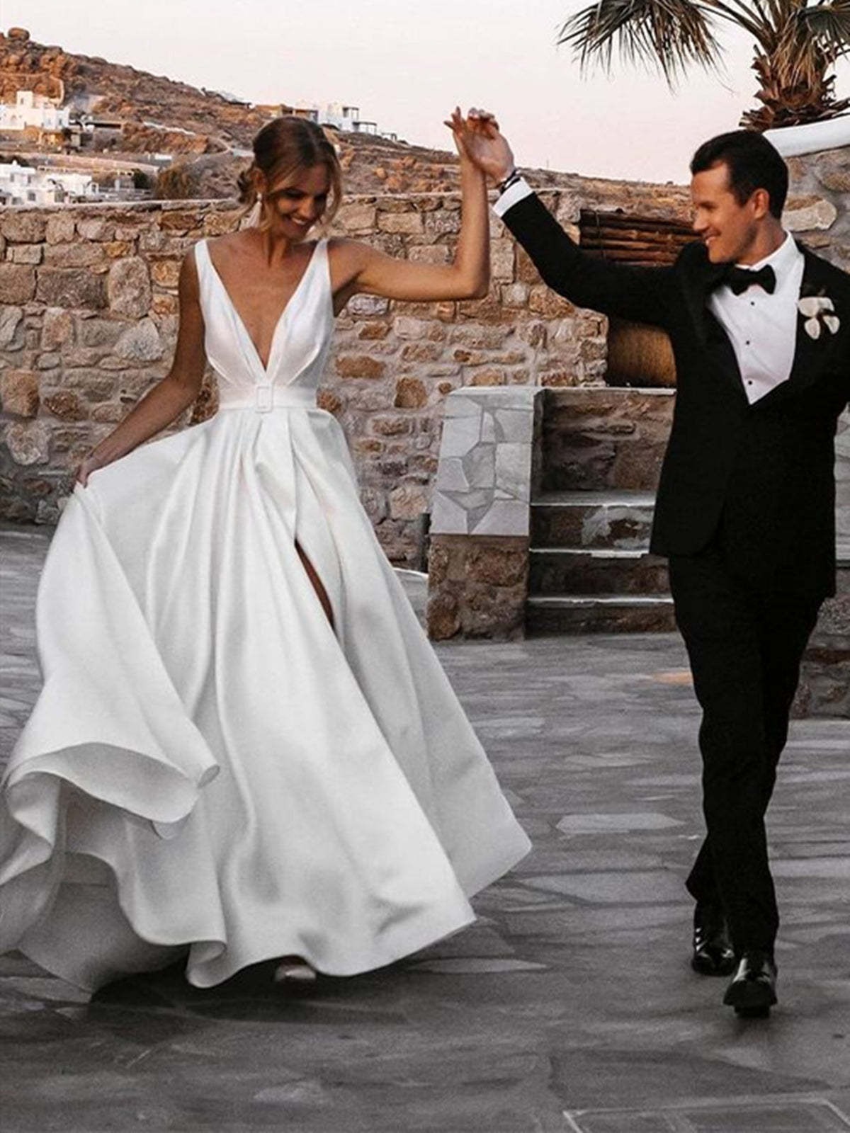 White Long A-line V-neck Satin Backless Wedding Dresses with Slit - YESBABYONLINE