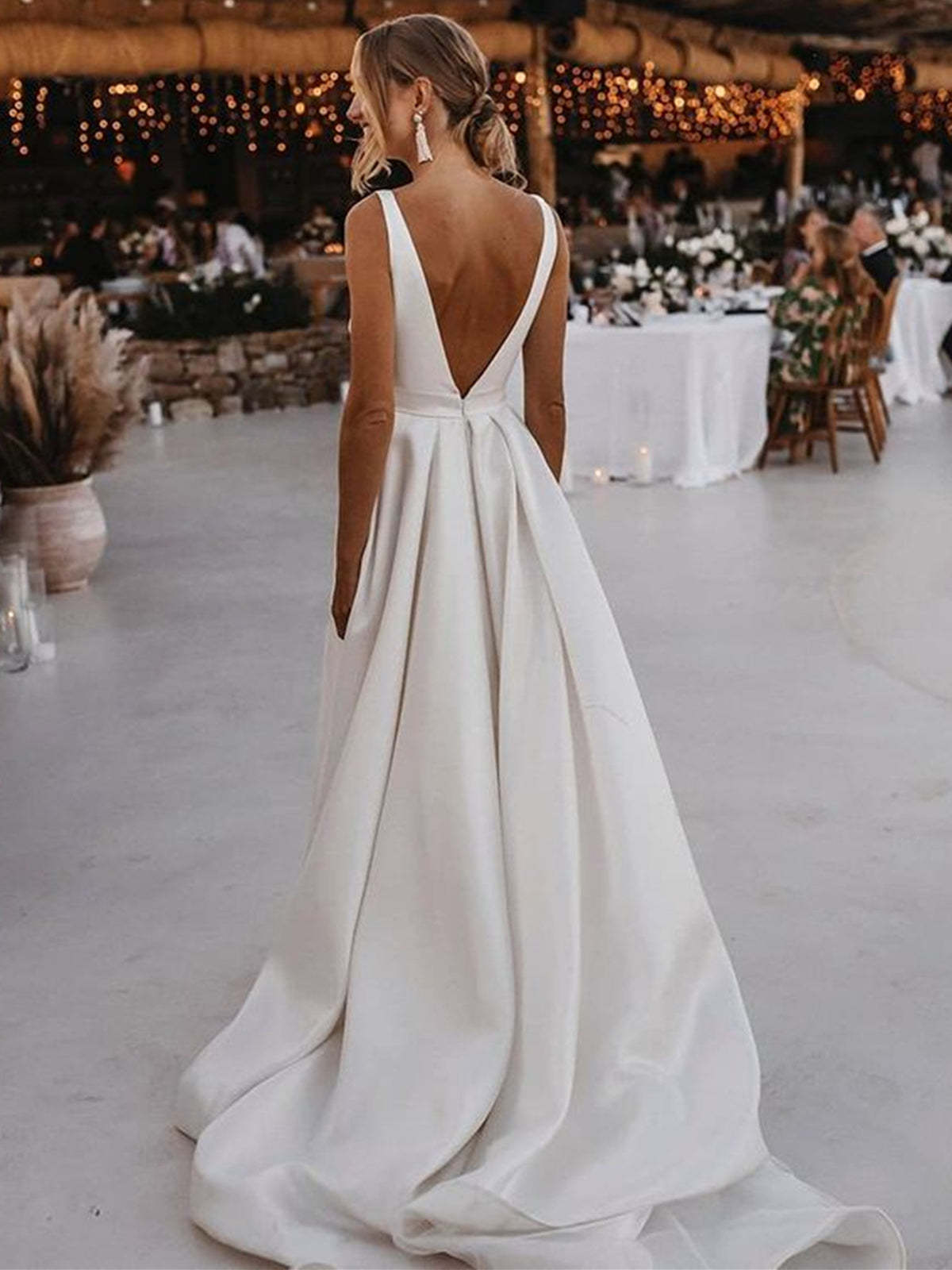 White Long A-line V-neck Satin Backless Wedding Dresses with Slit - YESBABYONLINE