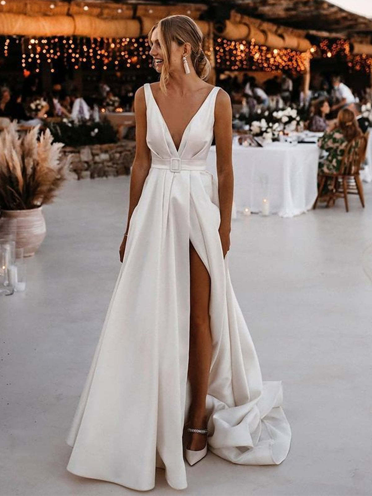 White Long A-line V-neck Satin Backless Wedding Dresses with Slit - YESBABYONLINE
